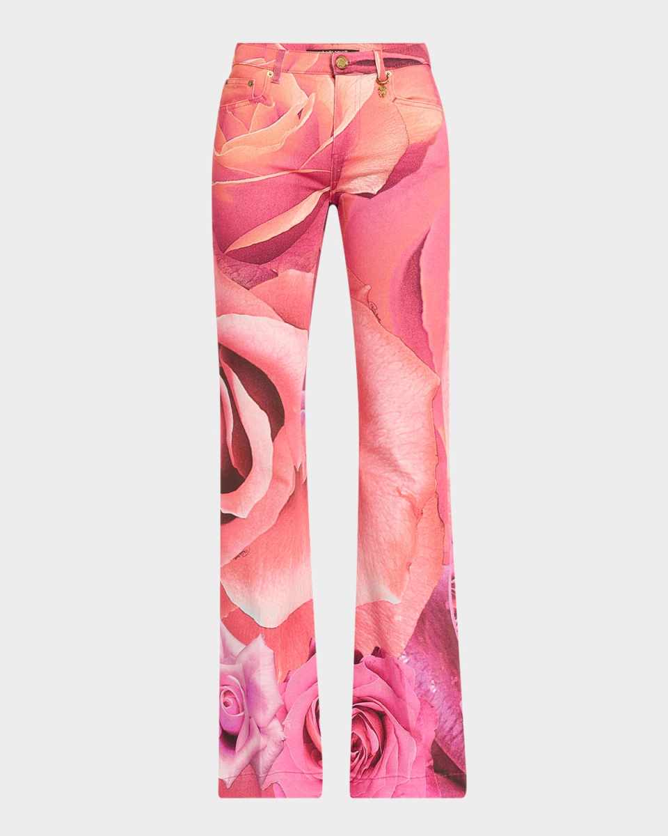 Rose-Print Flare Denim Trousers